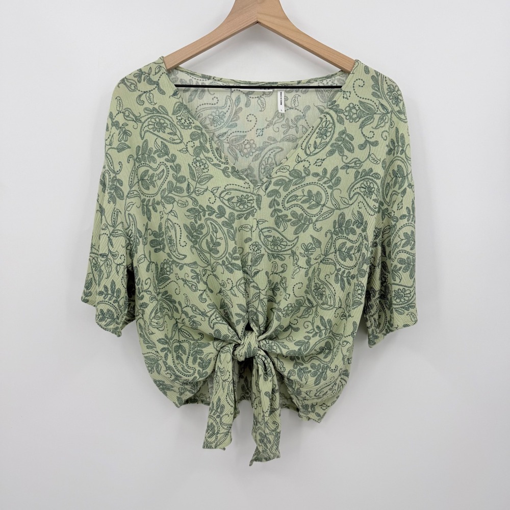 LUQ Green Paisley Tie Front V-Neck Top L Boho Cottagecore Fairycore Festival